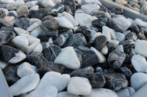 Kamenclub.ru: Мраморная крошка (щебень галтованный микс:: белый-черный) фр.20-40 мм  купить в Смоленске мрамор белый, черный мраморный галтованный щебень 15500 руб/т   фото КАМЕНЬ КЛУБ