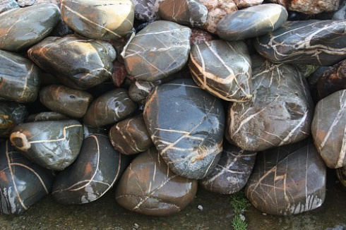 Kamenclub.ru: Валунчик Паутинник фр.100-300 мм  купить в Смоленске крупный природный камень галечник темно-серый с прожилками белый черный речной валунчик 5000 руб/т   фото КАМЕНЬ КЛУБ