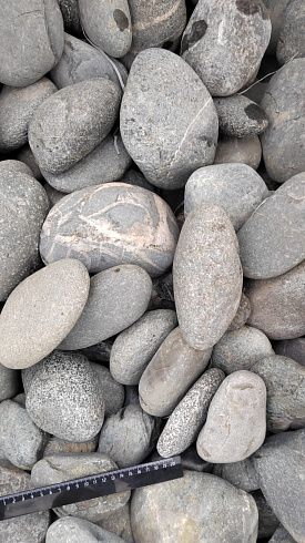Kamenclub.ru: Галька речная окат (темно-серая) фр. 70-150 мм. купить  в Смоленске галька речная темно-серая, синяя, серая речная галька округлая  8000 руб/т   фото КАМЕНЬ КЛУБ